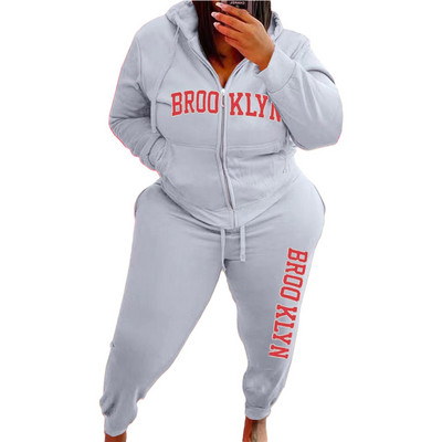 HLJ&GG Plus Size Γυναικεία με κουκούλα σετ δύο τεμαχίων Γυναικεία ρούχα Χειμερινό γράμμα εκτύπωσης Φερμουάρ μακρυμάνικο μπλουζάκι + παντελόνι Jogger αθλητικές φόρμες