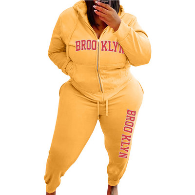 HLJ&GG Plus Size Γυναικεία με κουκούλα σετ δύο τεμαχίων Γυναικεία ρούχα Χειμερινό γράμμα εκτύπωσης Φερμουάρ μακρυμάνικο μπλουζάκι + παντελόνι Jogger αθλητικές φόρμες