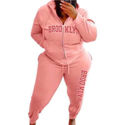 HLJ&GG Plus Size Γυναικεία με κουκούλα σετ δύο τεμαχίων Γυναικεία ρούχα Χειμερινό γράμμα εκτύπωσης Φερμουάρ μακρυμάνικο μπλουζάκι + παντελόνι Jogger αθλητικές φόρμες