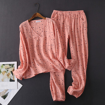 Пролетни и есенни горнища с дълги ръкави с V-образно деколте и дълги панталони Пижами Домашни костюми Дамски памучни пижами Нощни дрехи