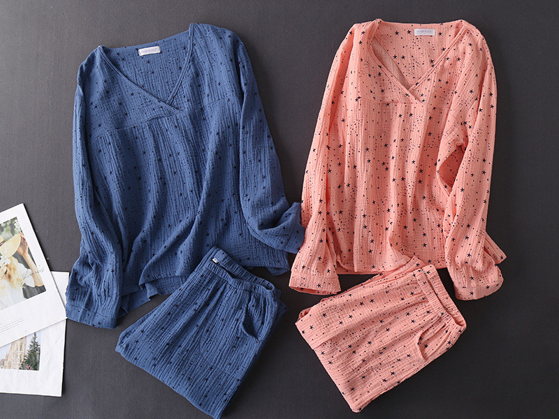 Kevadised ja sügisesed pikkade varrukatega V-kaelusega topid pikkade pükstega pidžaama koduriiete ülikond naiste puuvillased pidžaamad ööriided