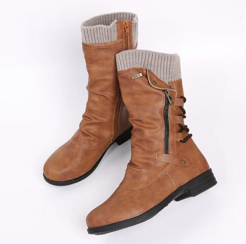 Γυναικείες μπότες μέσης γάμπας Φθινοπωρινά χειμερινά γυναικεία παπούτσια Επίπεδη μόδα Πλατφόρμα με στρογγυλά δάχτυλα με φερμουάρ Μασίφ συν μέγεθος 35-43