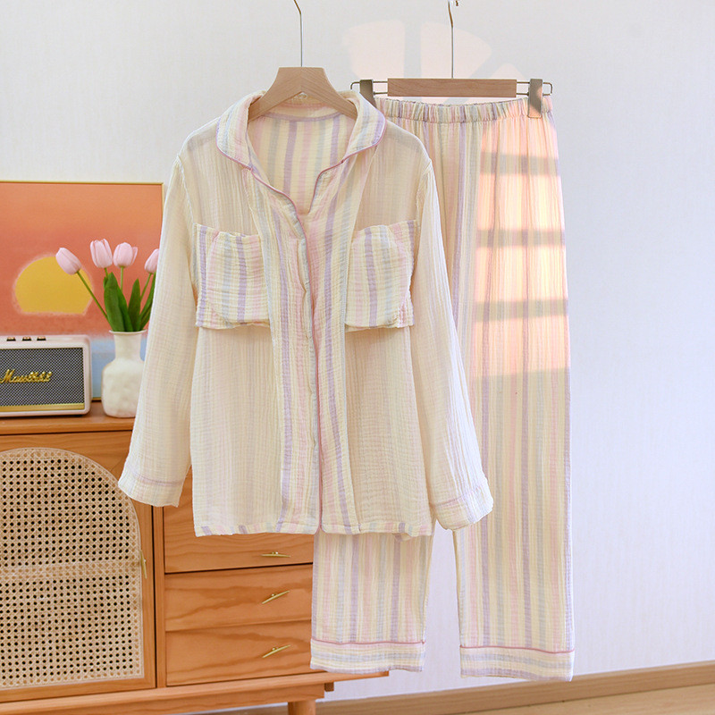 Ροζ χρώμα Ριγέ εμπριμέ βαμβακερά ενδύματα σπιτιού Πυτζάμες Κοστούμι ουράνιο τόξο ριγέ μαξιλαράκι στήθους Σετ παντελόνι μακρυμάνικο Σετ γυναικείες πιτζάμες Ρούχα