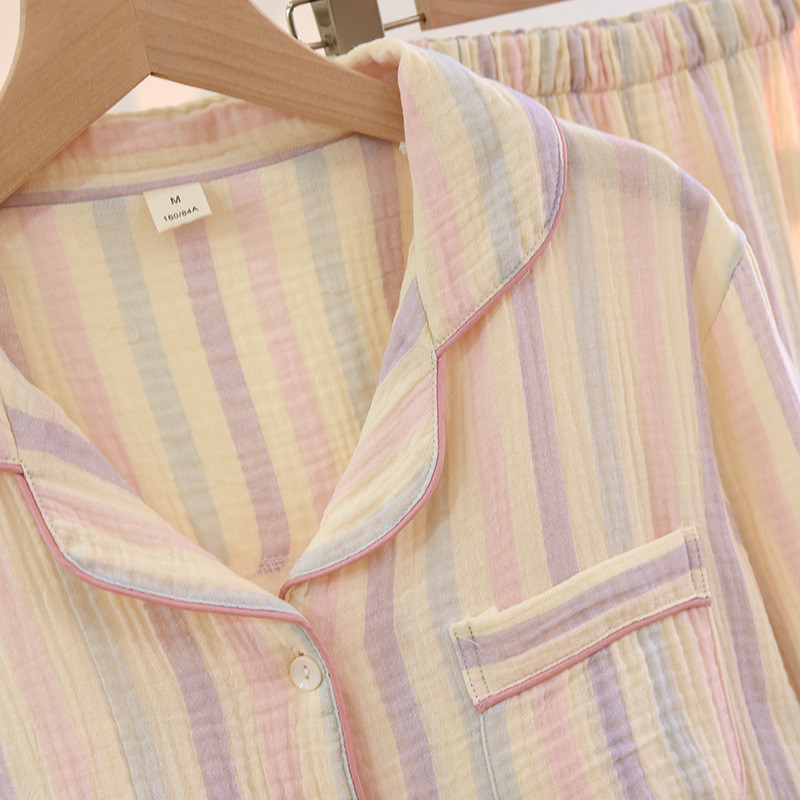 Ροζ χρώμα Ριγέ εμπριμέ βαμβακερά ενδύματα σπιτιού Πυτζάμες Κοστούμι ουράνιο τόξο ριγέ μαξιλαράκι στήθους Σετ παντελόνι μακρυμάνικο Σετ γυναικείες πιτζάμες Ρούχα