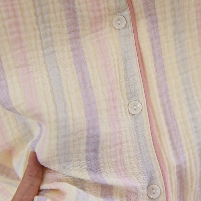 Ροζ χρώμα Ριγέ εμπριμέ βαμβακερά ενδύματα σπιτιού Πυτζάμες Κοστούμι ουράνιο τόξο ριγέ μαξιλαράκι στήθους Σετ παντελόνι μακρυμάνικο Σετ γυναικείες πιτζάμες Ρούχα