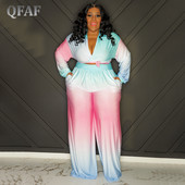 QFAF Elegant Plus Size Γυναικείο σετ Rainbow Gradient Πουκάμισο με λαιμόκοψη V και φαρδύ ίσιο παντελόνι αθλητική φόρμα δύο 2 τεμαχίων