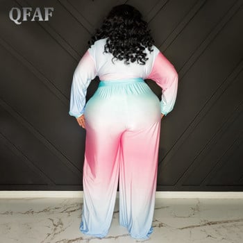 QFAF Elegant Plus Size Γυναικείο σετ Rainbow Gradient Πουκάμισο με λαιμόκοψη V και φαρδύ ίσιο παντελόνι αθλητική φόρμα δύο 2 τεμαχίων