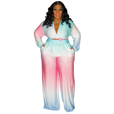 QFAF Elegant Plus Size Γυναικείο σετ Rainbow Gradient Πουκάμισο με λαιμόκοψη V και φαρδύ ίσιο παντελόνι αθλητική φόρμα δύο 2 τεμαχίων