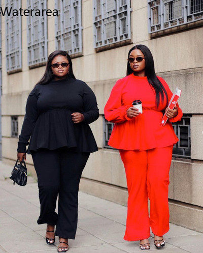Costum pentru femei Waterarea Plus Size, cu mânecă lungă, cu volane, top și pantaloni drepte, ocazional Set 2 piese Trening de toamnă Jogger