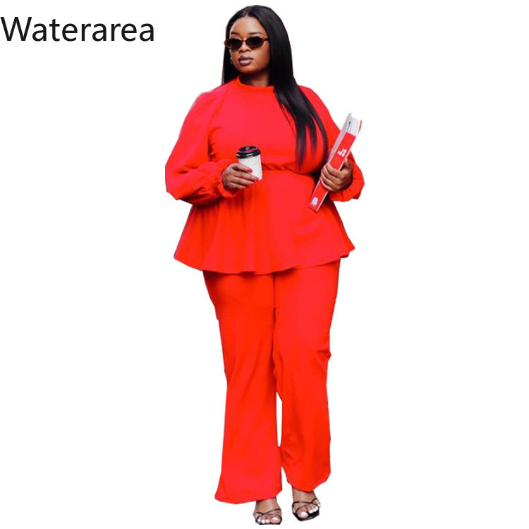 Γυναικείο κοστούμι Waterarea Plus Size Μακρυμάνικο βολάν Μπλουζάκι και ίσιο παντελόνι Casual δύο σετ 2 τεμαχίων Φθινοπωρινές φόρμες Jogger