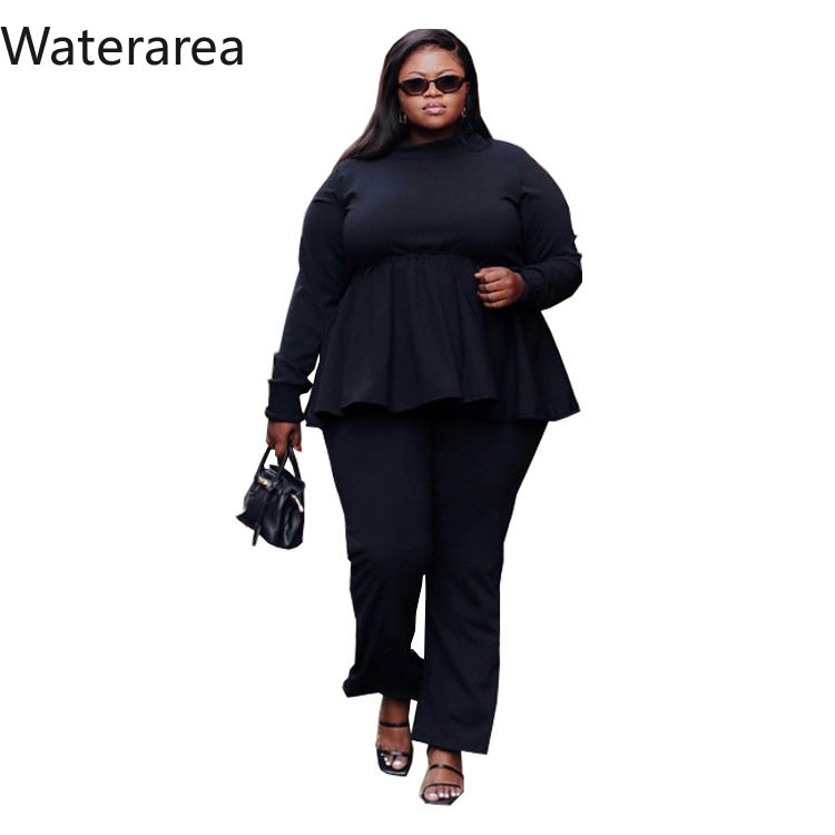 Γυναικείο κοστούμι Waterarea Plus Size Μακρυμάνικο βολάν Μπλουζάκι και ίσιο παντελόνι Casual δύο σετ 2 τεμαχίων Φθινοπωρινές φόρμες Jogger