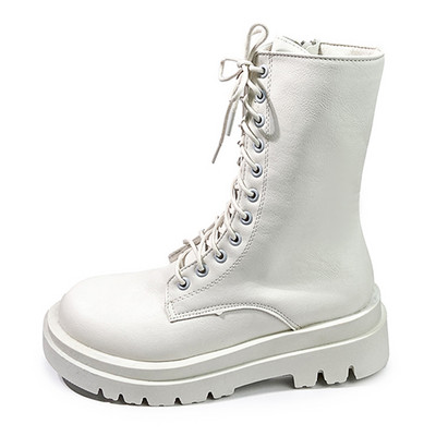 Πλατφόρμα Γυναικείες Μπότες Μοτοσικλέτας Φθινόπωρο Χειμώνας Λευκό Μαύρο Pu Δερμάτινα Μποτάκια Γυναικεία με στρογγυλά δάχτυλα Lace Up Αντιολισθητικά Κοντά μποτάκια