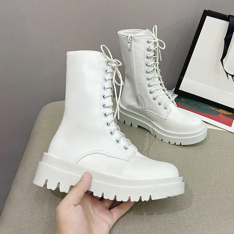 Πλατφόρμα Γυναικείες Μπότες Μοτοσικλέτας Φθινόπωρο Χειμώνας Λευκό Μαύρο Pu Δερμάτινα Μποτάκια Γυναικεία με στρογγυλά δάχτυλα Lace Up Αντιολισθητικά Κοντά μποτάκια