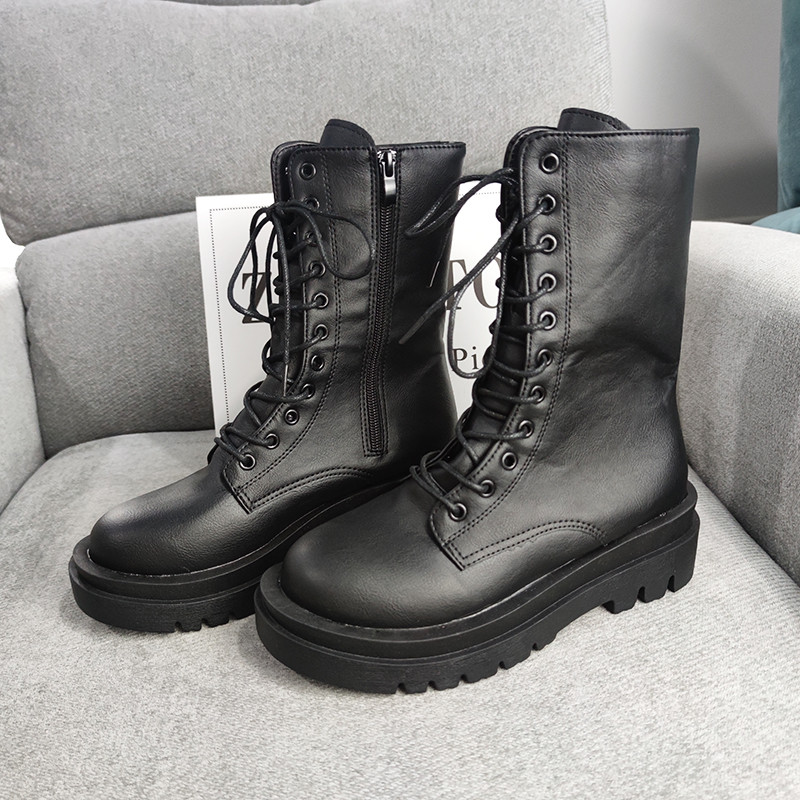 Πλατφόρμα Γυναικείες Μπότες Μοτοσικλέτας Φθινόπωρο Χειμώνας Λευκό Μαύρο Pu Δερμάτινα Μποτάκια Γυναικεία με στρογγυλά δάχτυλα Lace Up Αντιολισθητικά Κοντά μποτάκια