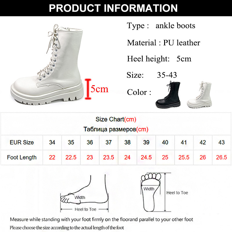 Πλατφόρμα Γυναικείες Μπότες Μοτοσικλέτας Φθινόπωρο Χειμώνας Λευκό Μαύρο Pu Δερμάτινα Μποτάκια Γυναικεία με στρογγυλά δάχτυλα Lace Up Αντιολισθητικά Κοντά μποτάκια