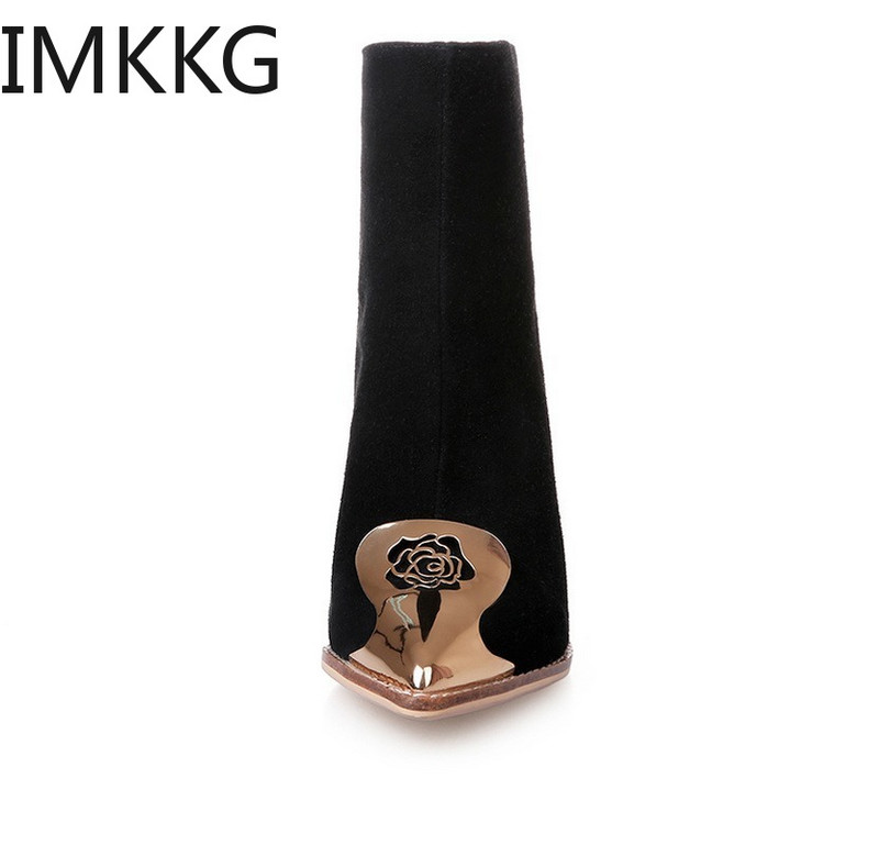 Suurus 34 Naiste terava varbaga needid Kõrged kontsad Pumbad Kingad Naine Paks metallist kontsaga kummist poolsaapad Lillelised mustad lühikesed saapad