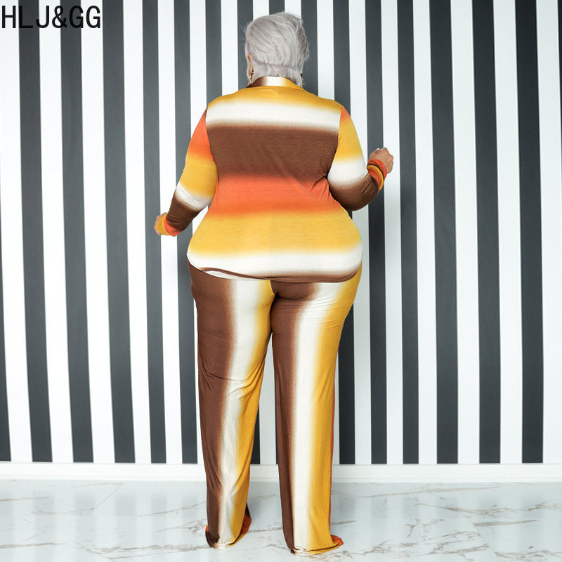 HLJ&GG Nagy méretű alkalmi nyomtatott kétrészes készletek női ruhák XL-5XL tavaszi őszi női gombos hosszú ujjú ing + nadrág tréningruhák