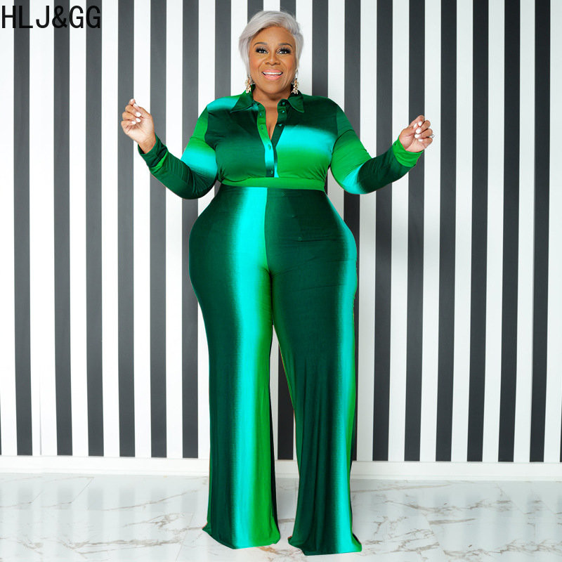 HLJ&GG Nagy méretű alkalmi nyomtatott kétrészes készletek női ruhák XL-5XL tavaszi őszi női gombos hosszú ujjú ing + nadrág tréningruhák