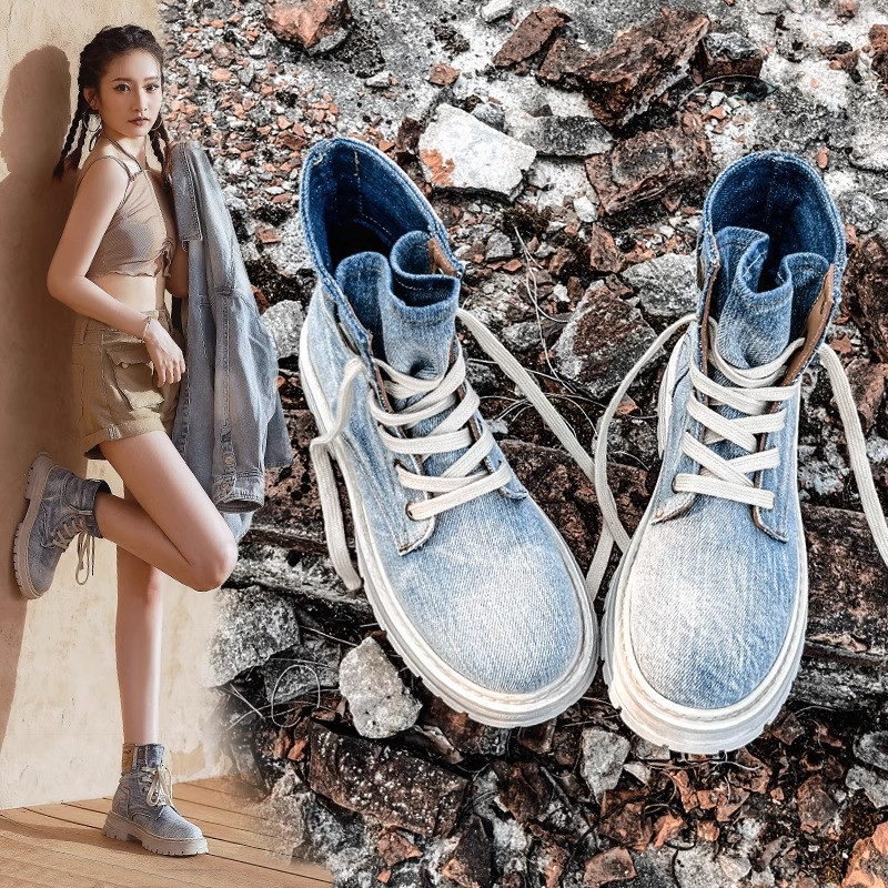 2023 noi cizme retro pentru femei cu dantelă, cu talpă groasă, cizme scurte cu vârf rotund pentru femei, rochie de lucru, cizme occidentale din denim