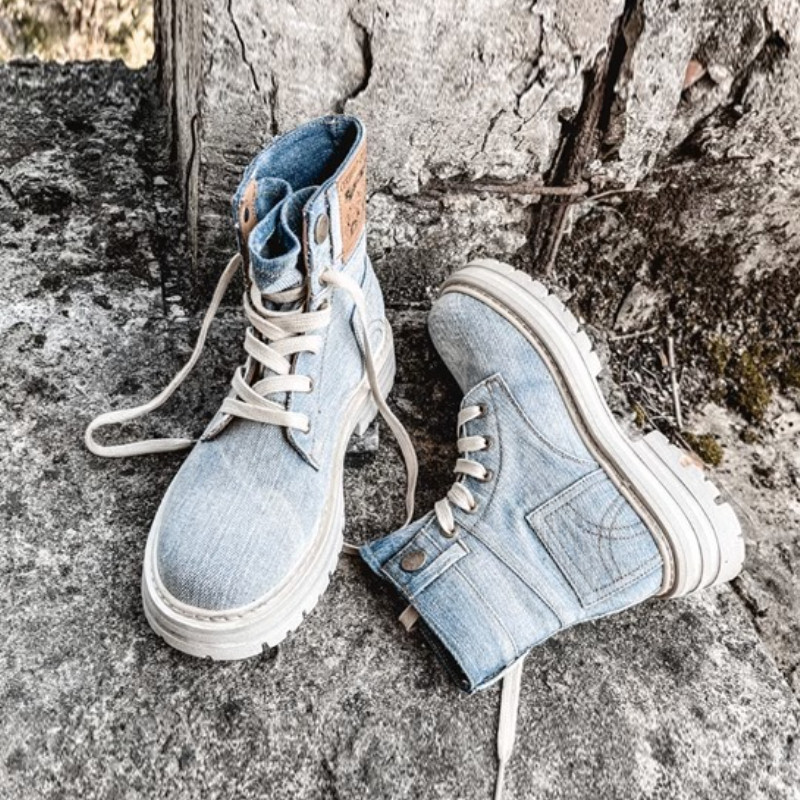 2023 noi cizme retro pentru femei cu dantelă, cu talpă groasă, cizme scurte cu vârf rotund pentru femei, rochie de lucru, cizme occidentale din denim