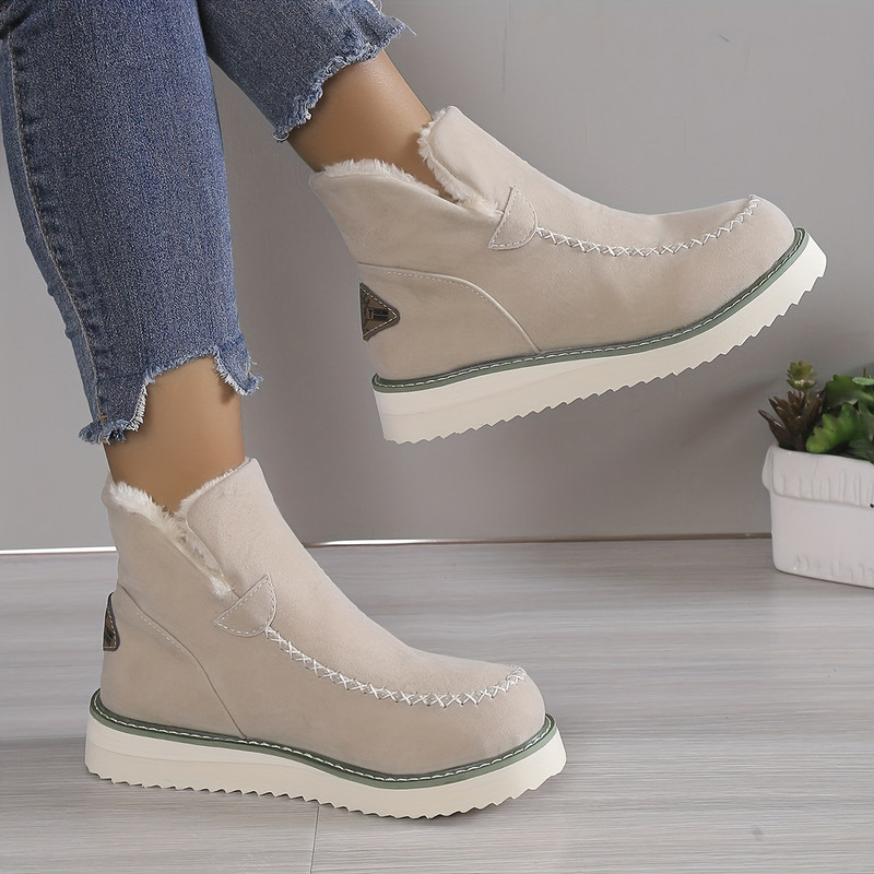 Botine de damă calde de pluș cu platformă de culoare solidă Cizme scurte din piele artificială Încălțăminte de damă