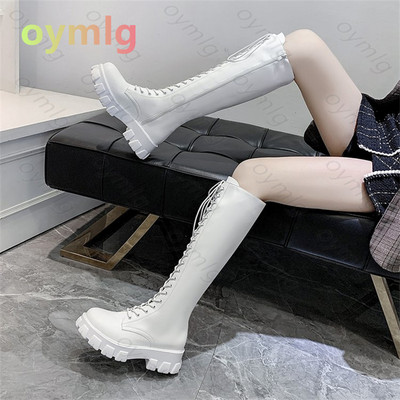 Χειμερινά μακρυά γυναικεία παπούτσια με κορδόνια με φερμουάρ Αυξάνονται δερμάτινα παπούτσια Pu βελούδινα χειμερινές μπότες Botas Mujer