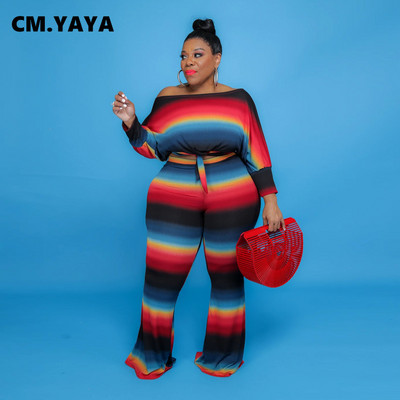 CM.YAYA Γυναικείο Σετ με ριγέ επίδεσμο Crop Tops + Flare Παντελόνια Δύο Σετ 2 τεμαχίων Casual αθλητικές φόρμες φθινοπωρινά