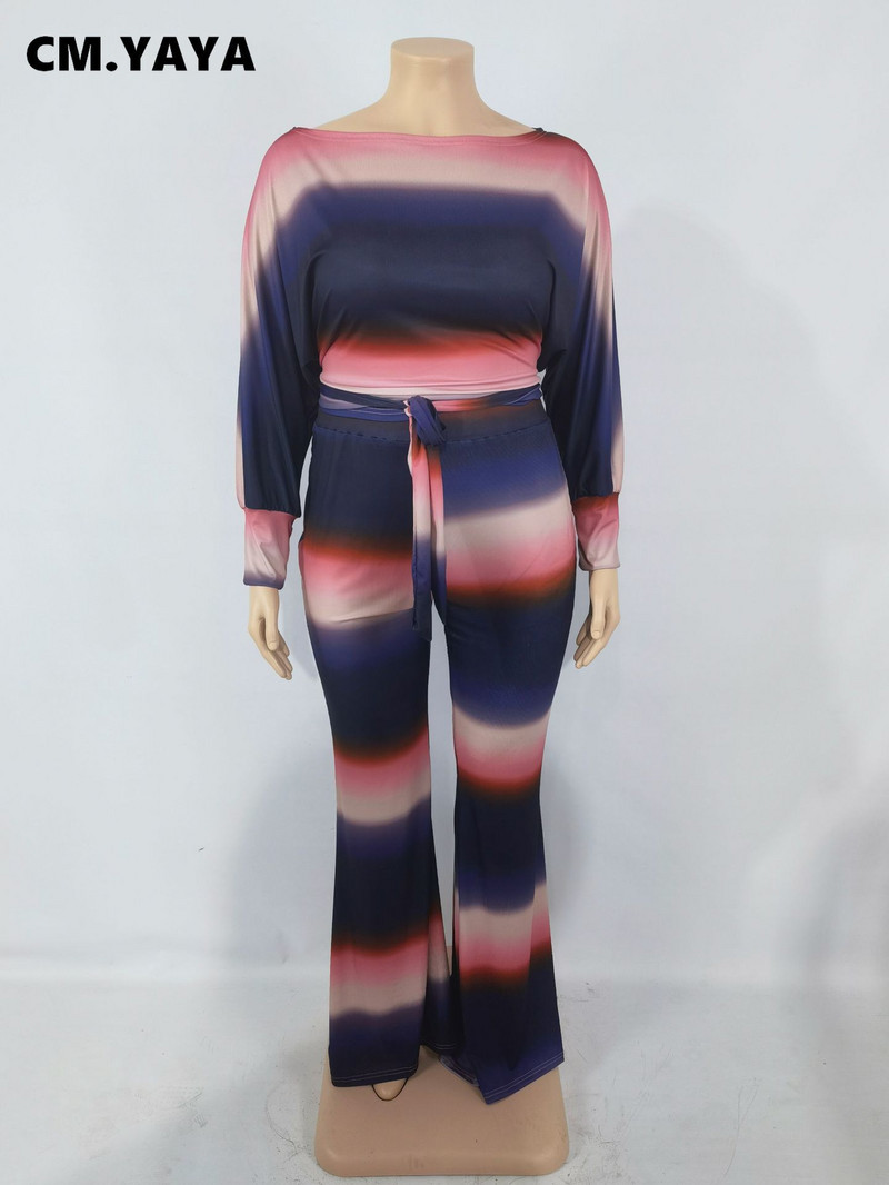 CM.YAYA Γυναικείο Σετ με ριγέ επίδεσμο Crop Tops + Flare Παντελόνια Δύο Σετ 2 τεμαχίων Casual αθλητικές φόρμες φθινοπωρινά