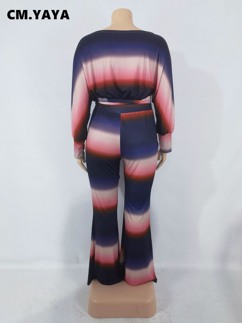 CM.YAYA Γυναικείο Σετ με ριγέ επίδεσμο Crop Tops + Flare Παντελόνια Δύο Σετ 2 τεμαχίων Casual αθλητικές φόρμες φθινοπωρινά