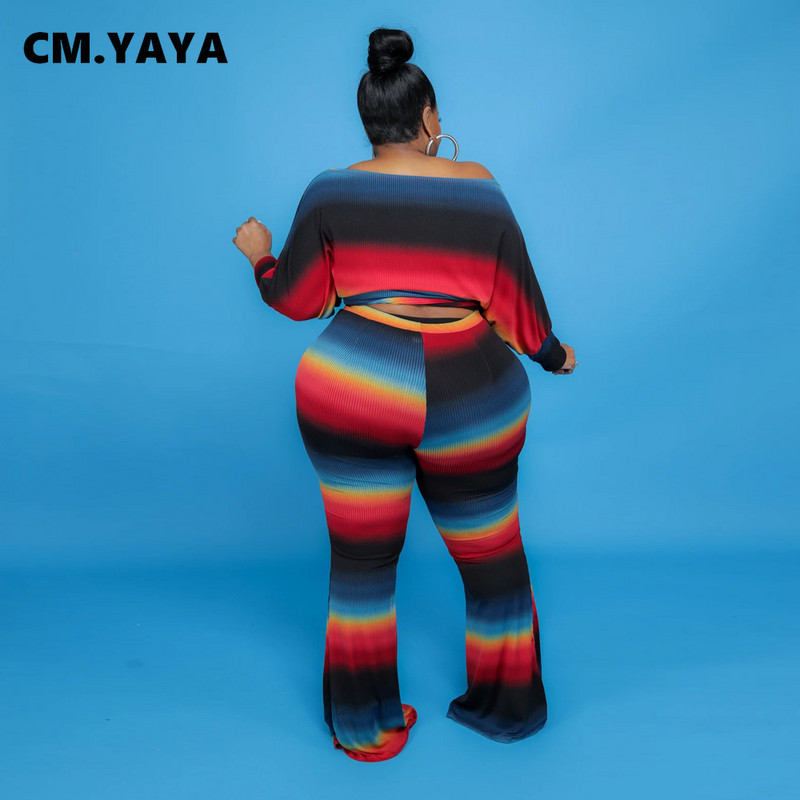 CM.YAYA Γυναικείο Σετ με ριγέ επίδεσμο Crop Tops + Flare Παντελόνια Δύο Σετ 2 τεμαχίων Casual αθλητικές φόρμες φθινοπωρινά