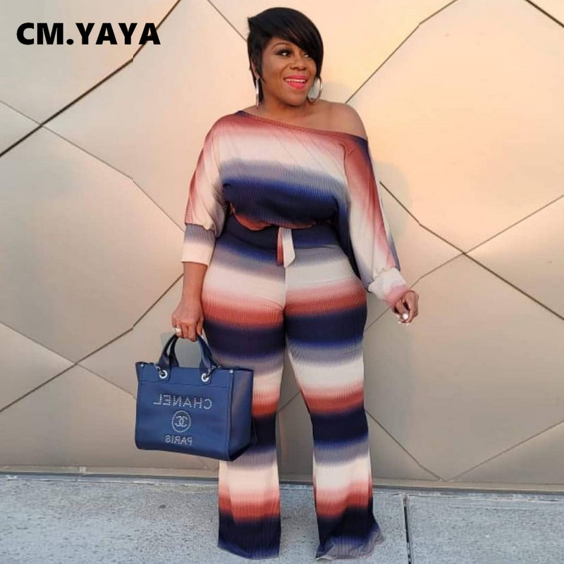 CM.YAYA Γυναικείο Σετ με ριγέ επίδεσμο Crop Tops + Flare Παντελόνια Δύο Σετ 2 τεμαχίων Casual αθλητικές φόρμες φθινοπωρινά