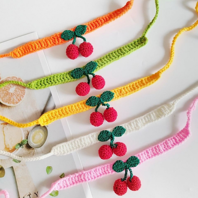 Κατοικίδια ζώα, σκύλοι, σαλιάρες, γάτες, περιλαίμια, χειροποίητα αθόρυβα πλεκτά κεράσι Χαριτωμένα ρυθμιζόμενα εξατομικευμένα αξεσουάρ με κορδόνια