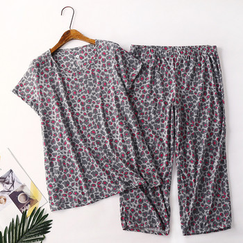 2023 Летни дамски ежедневни комплекти пижами Дамски памучни спални костюми Дамска тениска с къс ръкав и панталони с дължина до прасеца Домашно облекло