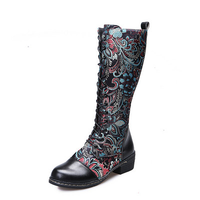 Γυναικείες μπότες Bohemian Mid-calf Γυναικείες μπότες προβάτου Vintage χειμερινές μπότες γυναικεία παπούτσια Γυναικεία παπούτσια με φερμουάρ Χοντρό μπλοκ τακούνι Γυναικεία παπούτσια