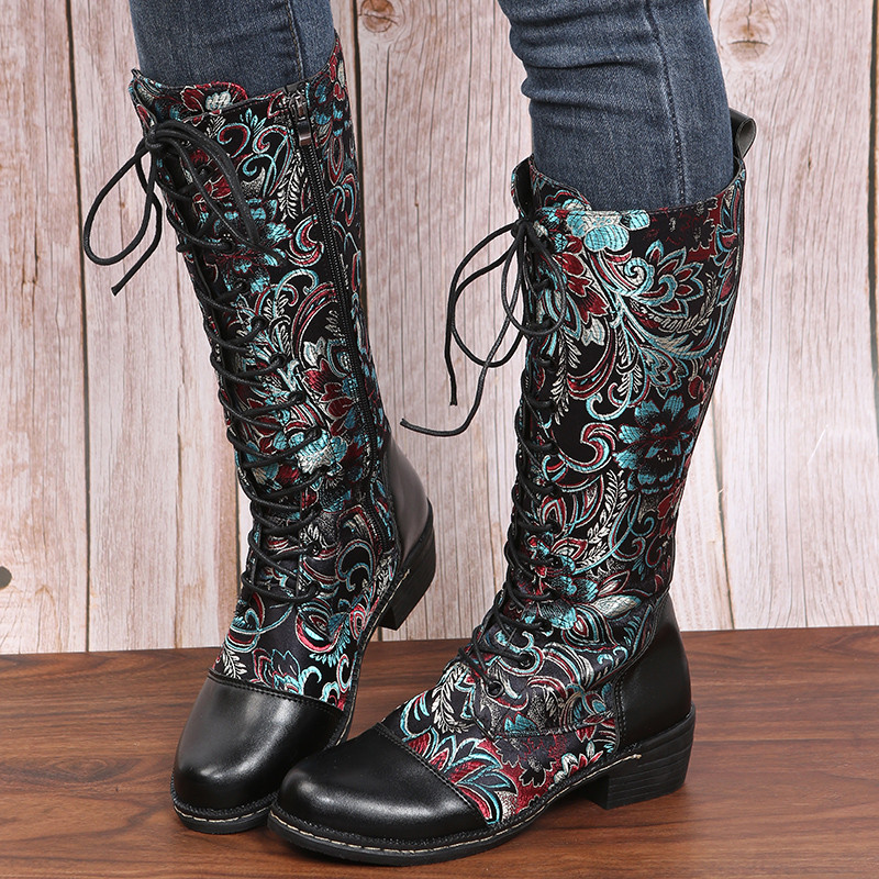 Γυναικείες μπότες Bohemian Mid-calf Γυναικείες μπότες προβάτου Vintage χειμερινές μπότες γυναικεία παπούτσια Γυναικεία παπούτσια με φερμουάρ Χοντρό μπλοκ τακούνι Γυναικεία παπούτσια