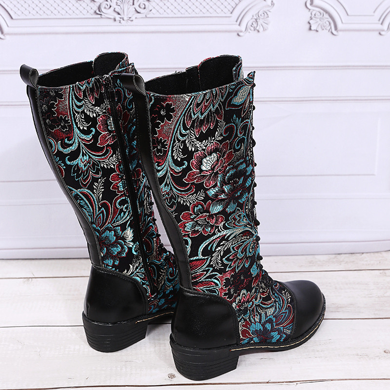 Γυναικείες μπότες Bohemian Mid-calf Γυναικείες μπότες προβάτου Vintage χειμερινές μπότες γυναικεία παπούτσια Γυναικεία παπούτσια με φερμουάρ Χοντρό μπλοκ τακούνι Γυναικεία παπούτσια