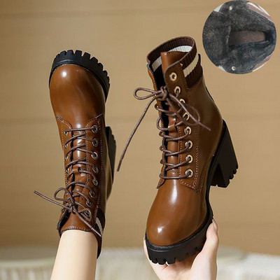 Νέες φθινοπωρινές γυναικείες μπότες μόδας Lace Up No Slip Mid Calf Boots Γυναικεία παπούτσια πλατφόρμας Γυναικείες ψηλοτάκουνες μπότες ζεστές γυναικείες μπότες