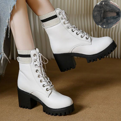 Νέες φθινοπωρινές γυναικείες μπότες μόδας Lace Up No Slip Mid Calf Boots Γυναικεία παπούτσια πλατφόρμας Γυναικείες ψηλοτάκουνες μπότες ζεστές γυναικείες μπότες