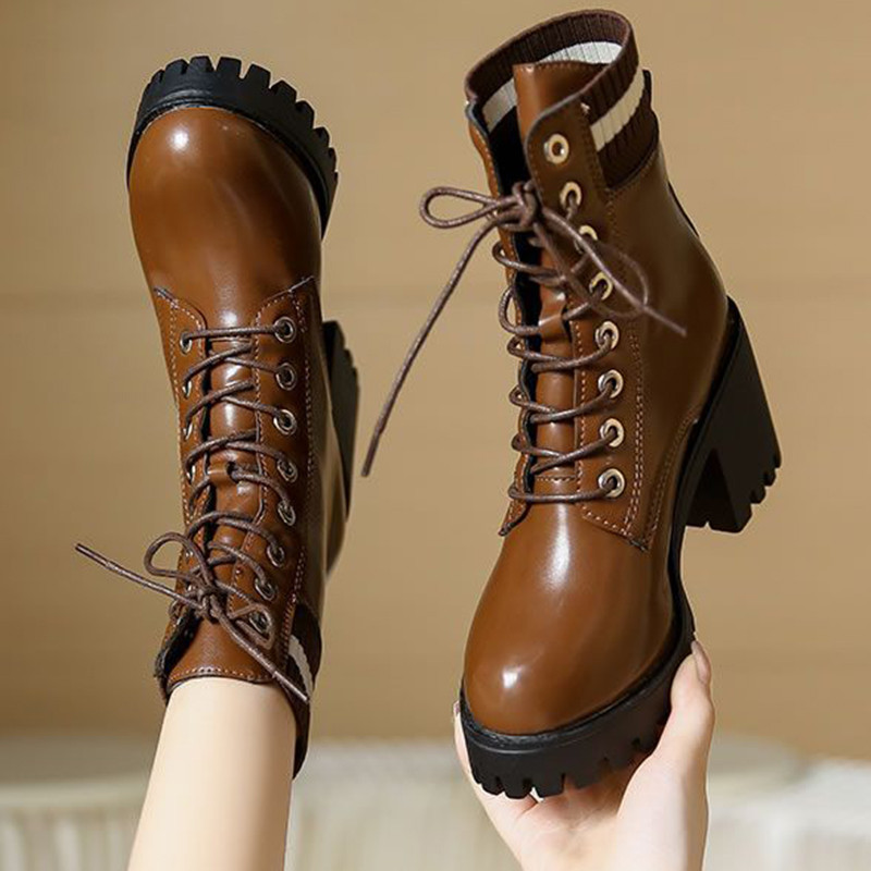 Νέες φθινοπωρινές γυναικείες μπότες μόδας Lace Up No Slip Mid Calf Boots Γυναικεία παπούτσια πλατφόρμας Γυναικείες ψηλοτάκουνες μπότες ζεστές γυναικείες μπότες