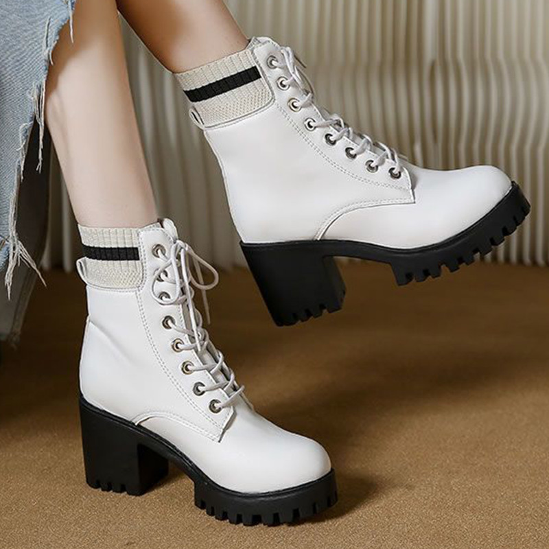 Νέες φθινοπωρινές γυναικείες μπότες μόδας Lace Up No Slip Mid Calf Boots Γυναικεία παπούτσια πλατφόρμας Γυναικείες ψηλοτάκουνες μπότες ζεστές γυναικείες μπότες