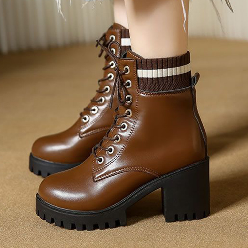 Νέες φθινοπωρινές γυναικείες μπότες μόδας Lace Up No Slip Mid Calf Boots Γυναικεία παπούτσια πλατφόρμας Γυναικείες ψηλοτάκουνες μπότες ζεστές γυναικείες μπότες