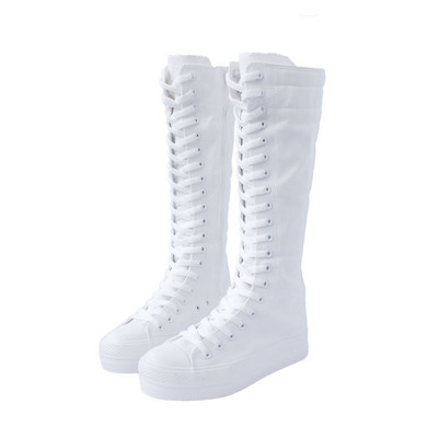 Comemore Φθινοπωρινά χειμερινά γυναικεία παπούτσια καμβά καμβά Casual ψηλά αθλητικά παπούτσια με κορδόνια με φερμουάρ Άνετα ίσια κορίτσια μακριές μπότες 2022