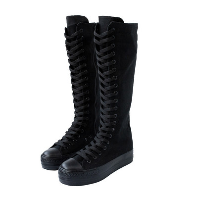 Comemore Φθινοπωρινά χειμερινά γυναικεία παπούτσια καμβά καμβά Casual ψηλά αθλητικά παπούτσια με κορδόνια με φερμουάρ Άνετα ίσια κορίτσια μακριές μπότες 2022