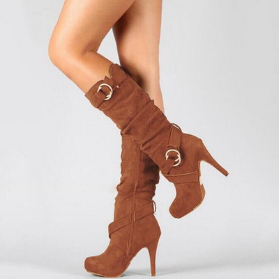 2022 Дамски ботуши Есенни нови рицарски ботуши с високи токчета Модни ретро високи ботуши с катарама за колан Дамски дълги ботуши Плюс размер 43