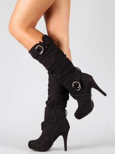 2022 Дамски ботуши Есенни нови рицарски ботуши с високи токчета Модни ретро високи ботуши с катарама за колан Дамски дълги ботуши Плюс размер 43