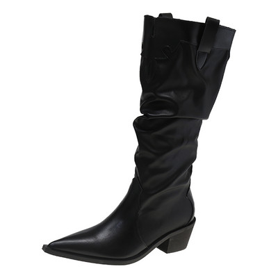 Γυναικείες μπότες με πλισέ χοντρές γόβες 2022 Φθινόπωρο με μυτερές μύτες Pu Δερμάτινες μπότες στη μέση της γάμπας Γυναικείο γοτθικό slip σε επώνυμα παπούτσια