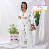 XL-4XL Plus Size Γυναικεία Ρούχα Δύο τεμαχίων Σετ Μόδα Φαρδιά Μακρυμάνικο Μπλουζάκι V λαιμόκοψη και Πλισέ Παντελόνι Dropshipping