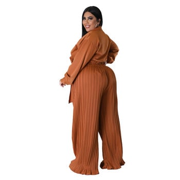 XL-4XL Plus Size Γυναικεία Ρούχα Δύο τεμαχίων Σετ Μόδα Φαρδιά Μακρυμάνικο Μπλουζάκι V λαιμόκοψη και Πλισέ Παντελόνι Dropshipping