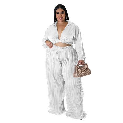 XL-4XL Plus Size Γυναικεία Ρούχα Δύο τεμαχίων Σετ Μόδα Φαρδιά Μακρυμάνικο Μπλουζάκι V λαιμόκοψη και Πλισέ Παντελόνι Dropshipping