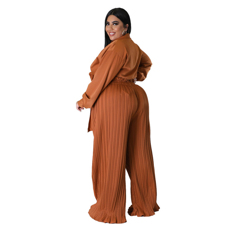 XL-4XL Plus Size Γυναικεία Ρούχα Δύο τεμαχίων Σετ Μόδα Φαρδιά Μακρυμάνικο Μπλουζάκι V λαιμόκοψη και Πλισέ Παντελόνι Dropshipping